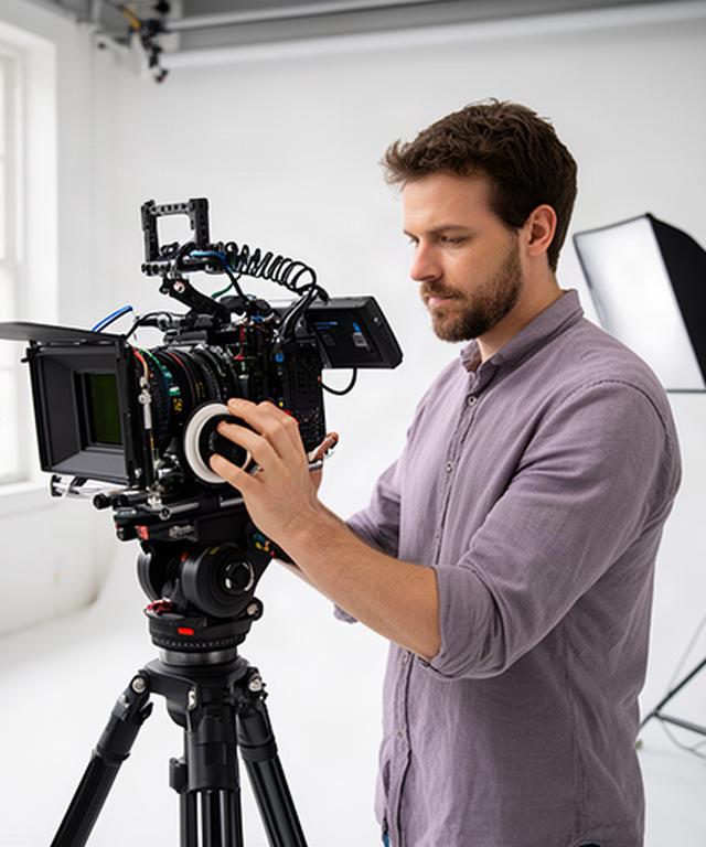 Video production team member reviewing a camera setup in a bright Leicester studio