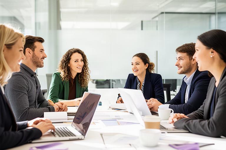 Accountancy team discussing client work around a bright meeting table