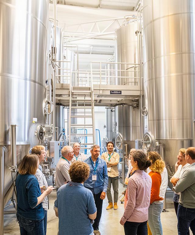 Visitors touring bright stainless steel brewing tanks at a Leicester brewery