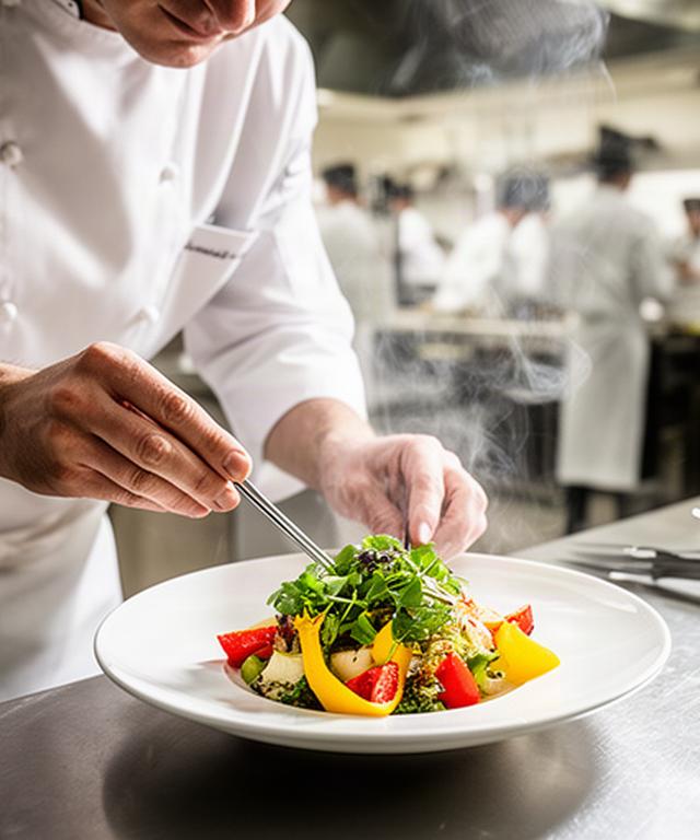 Head chef plating a seasonal dish in a bright open kitchen