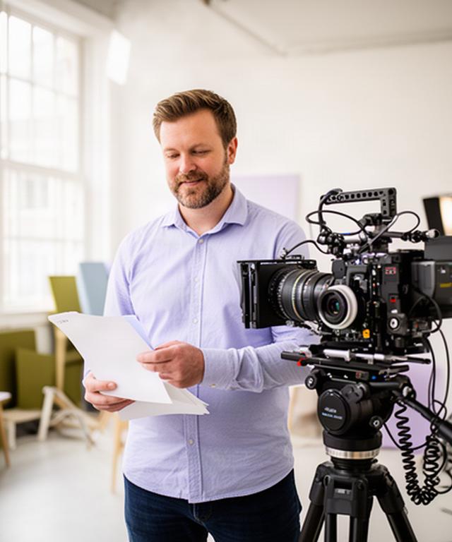 Video producer reviewing a shot list beside a camera in a bright Leicester studio