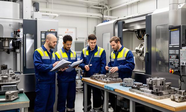 Manufacturing team working beside precision machinery in an East Midlands factory