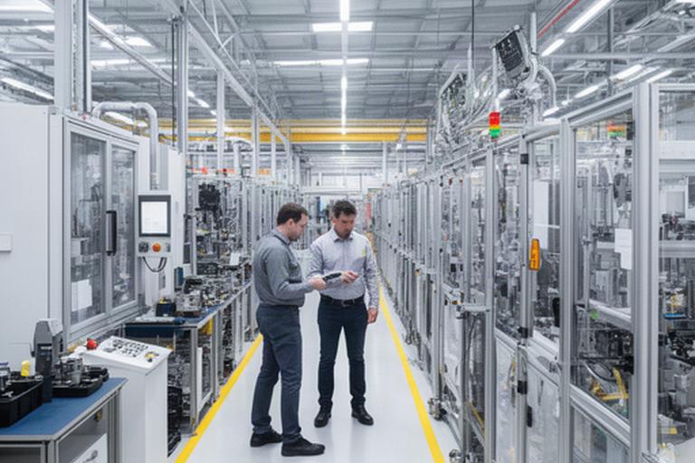 Wide factory aisle with engineers inspecting a polished production cell during a filmed tour