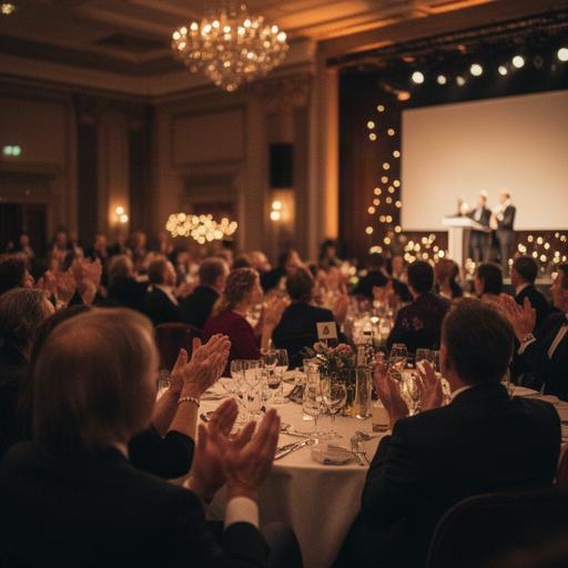 Awards dinner audience applauding beside a warmly lit stage in an East Midlands venue
