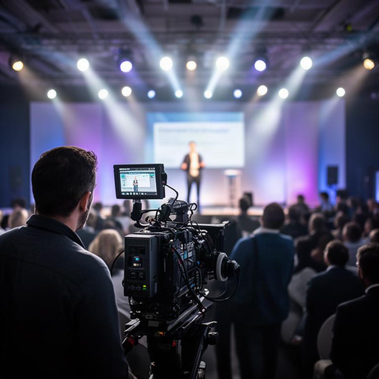 Camera operator filming a keynote speaker beneath stage lights at a Leicester conference
