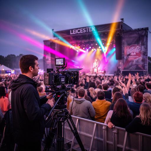 Manned camera recording an outdoor festival crowd beside a Leicester stage