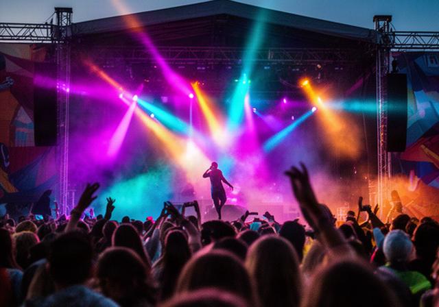 Festival crowd watching a performer beneath colourful evening lights in the East Midlands