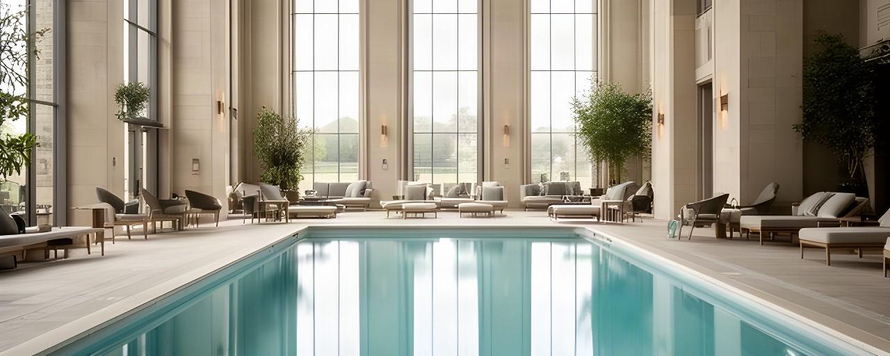 Quiet hotel pool beside tall windows at a destination venue in the East Midlands