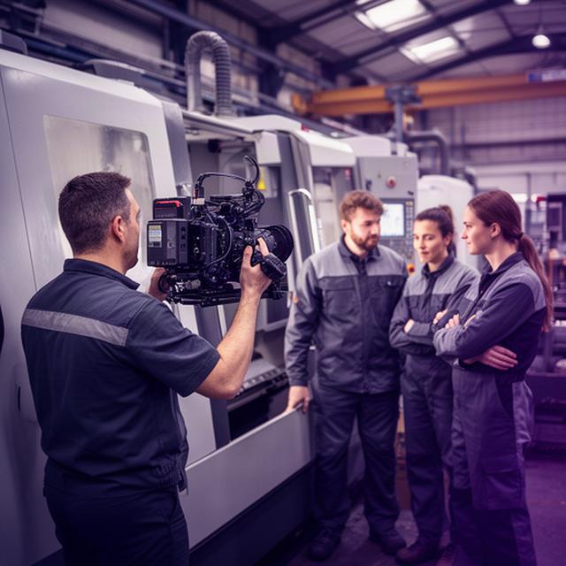 Camera operator filming a manufacturing team beside large machinery in a Leicester factory