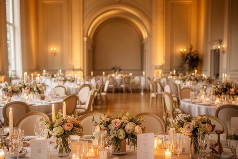 Decorated wedding venue room with warm lighting in Leicestershire