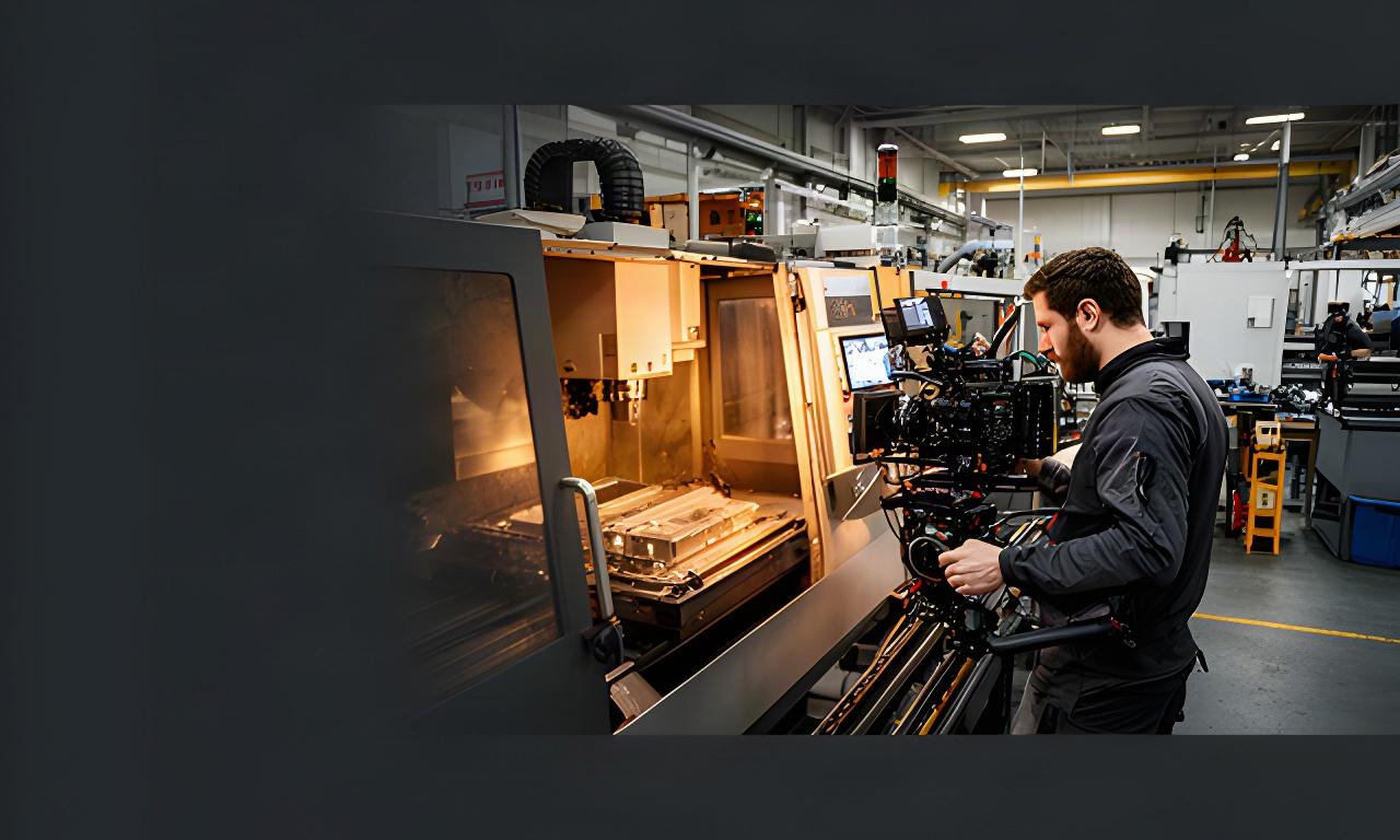 Camera operator filming a precision machining line inside a warmly lit Leicester factory