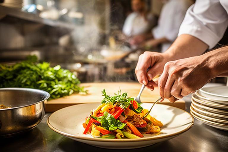 Chef plating a colourful dish in a busy market town restaurant kitchen