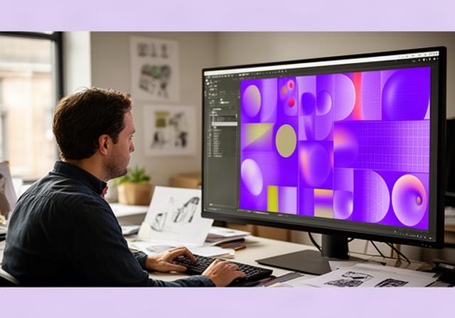 Animator reviewing colourful motion graphics frames on a large monitor in a Leicester studio