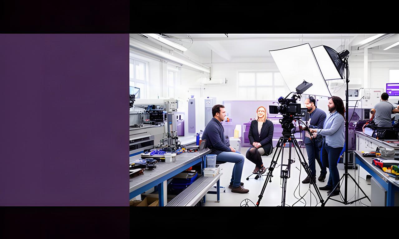 Film crew capturing a business interview in a bright Leicester workshop