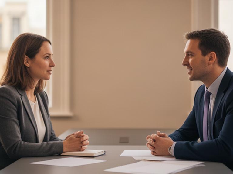 Advisor speaking with a client in a softly lit Leicester office meeting room