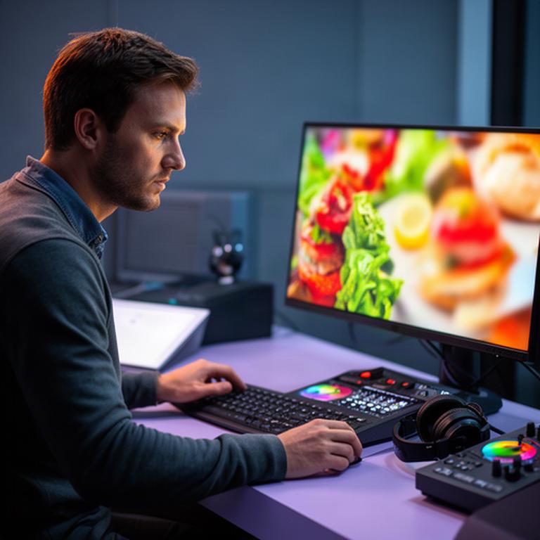 Editor reviewing a colourful restaurant promotional campaign beside a production monitor
