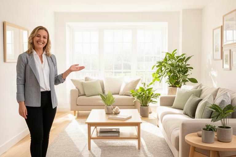 Estate agent standing beside a bright lounge during a property tour in Leicestershire