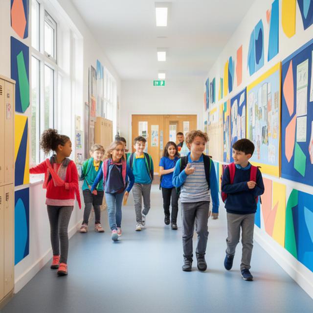 Bright school corridor with pupils walking between colourful classroom displays