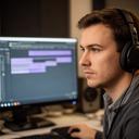 Natascia Rager editing a corporate film at a workstation in Leicester