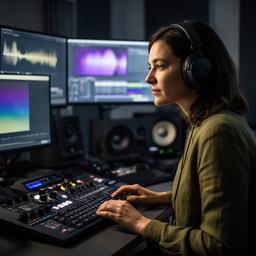 Natascia Rager, post-production editor, working at a colour-graded editing desk