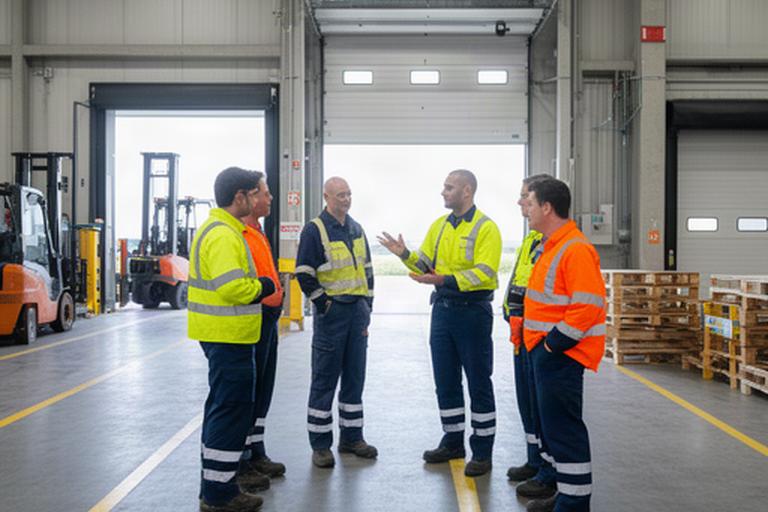 Warehouse supervisor briefing a small team beside marked loading bays